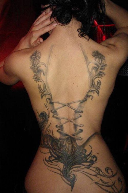 Grey Ink Corset Tattoo On Full Back