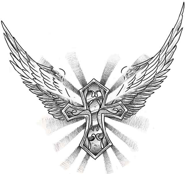 Grey Ink Cross With Wings Tattoo Design For Back