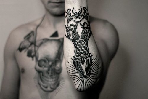 Grey Ink Dotwork Squid Tattoo On Left Arm