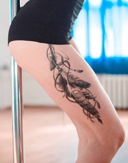 Grey Ink Feather Tattoo On Right Thigh