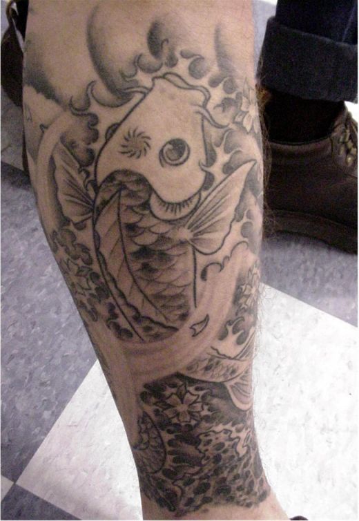 Grey Ink Fish Tattoo Design For Leg Calf