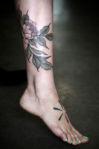 Grey Ink Flower Tattoo On Girl Right Leg Calf