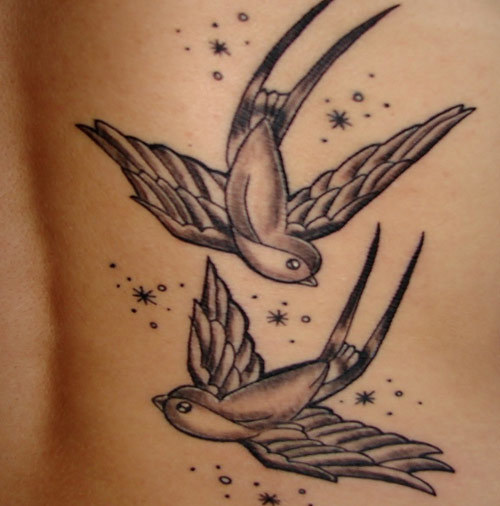 Grey Ink Flying Sparrow Tattoos On Back
