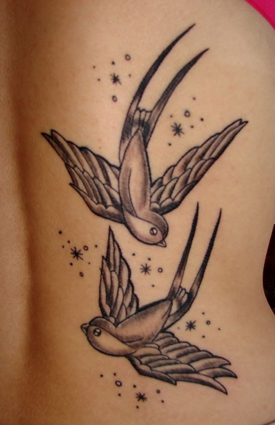 Grey Ink Flying Two Sparrows Tattoo On Back