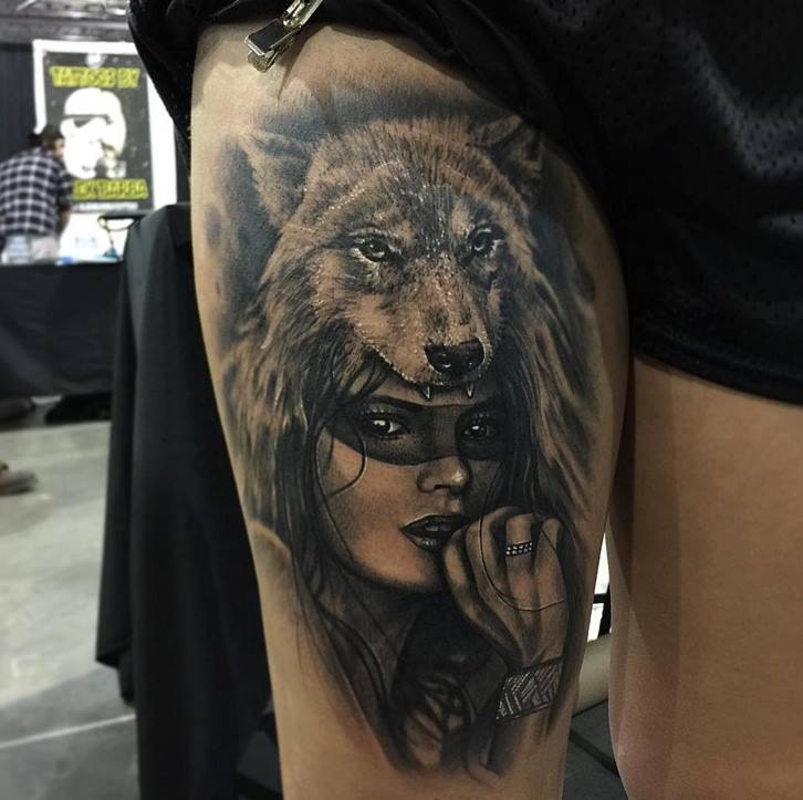 Grey Ink Fox Girl Tattoo On Right Thigh by Danny Lepore