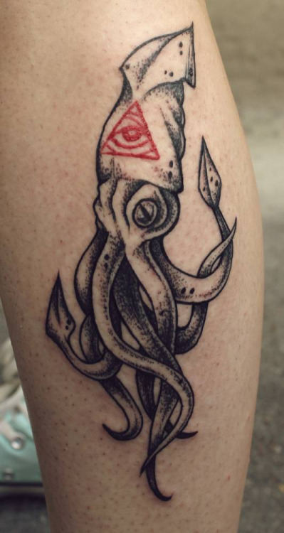 Grey Ink Geometric Dotwork Squid Tattoo