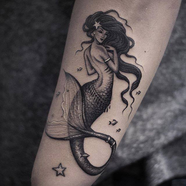 Grey Ink Mermaid Tattoo On Arm