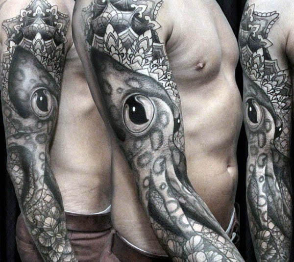 Grey Ink Realistic Squid Tattoo On Man Full Sleeve