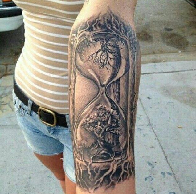 Grey Ink Realistic Tree In Hourglass Tattoo On Left Forearm