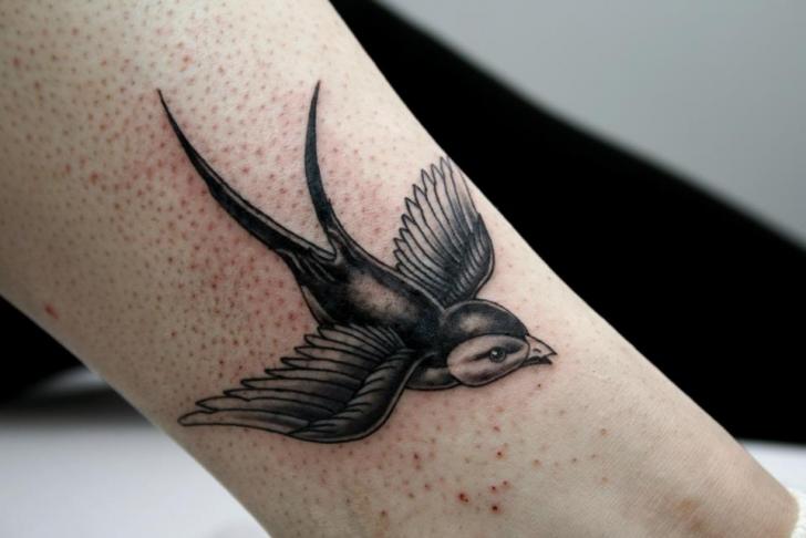 Grey Ink Sparrow Tattoo On Arm