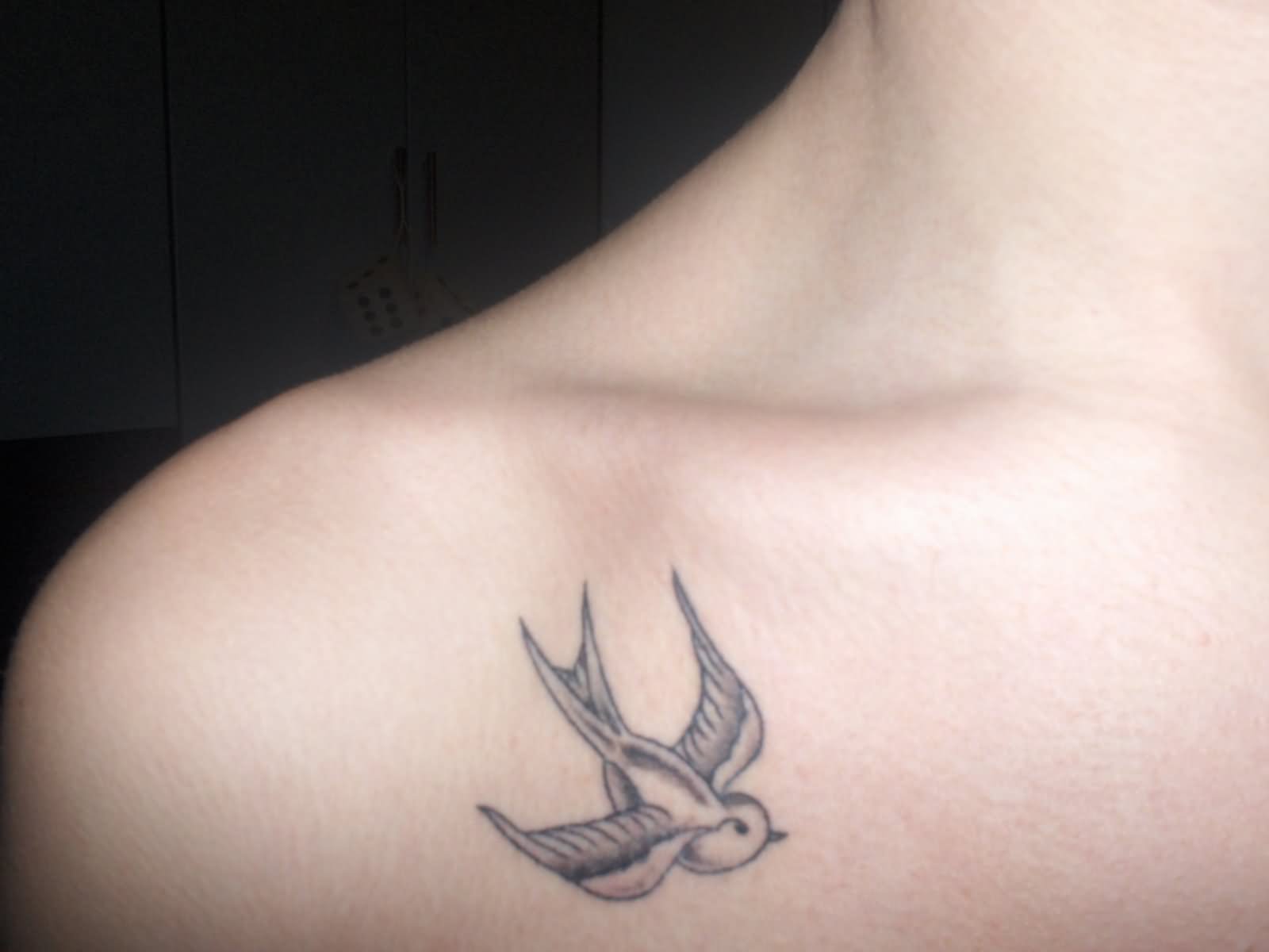 Grey Ink Sparrow Tattoo On Front Shoulder
