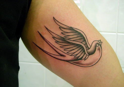 Grey Ink Sparrow Tattoo On Inner Bicep