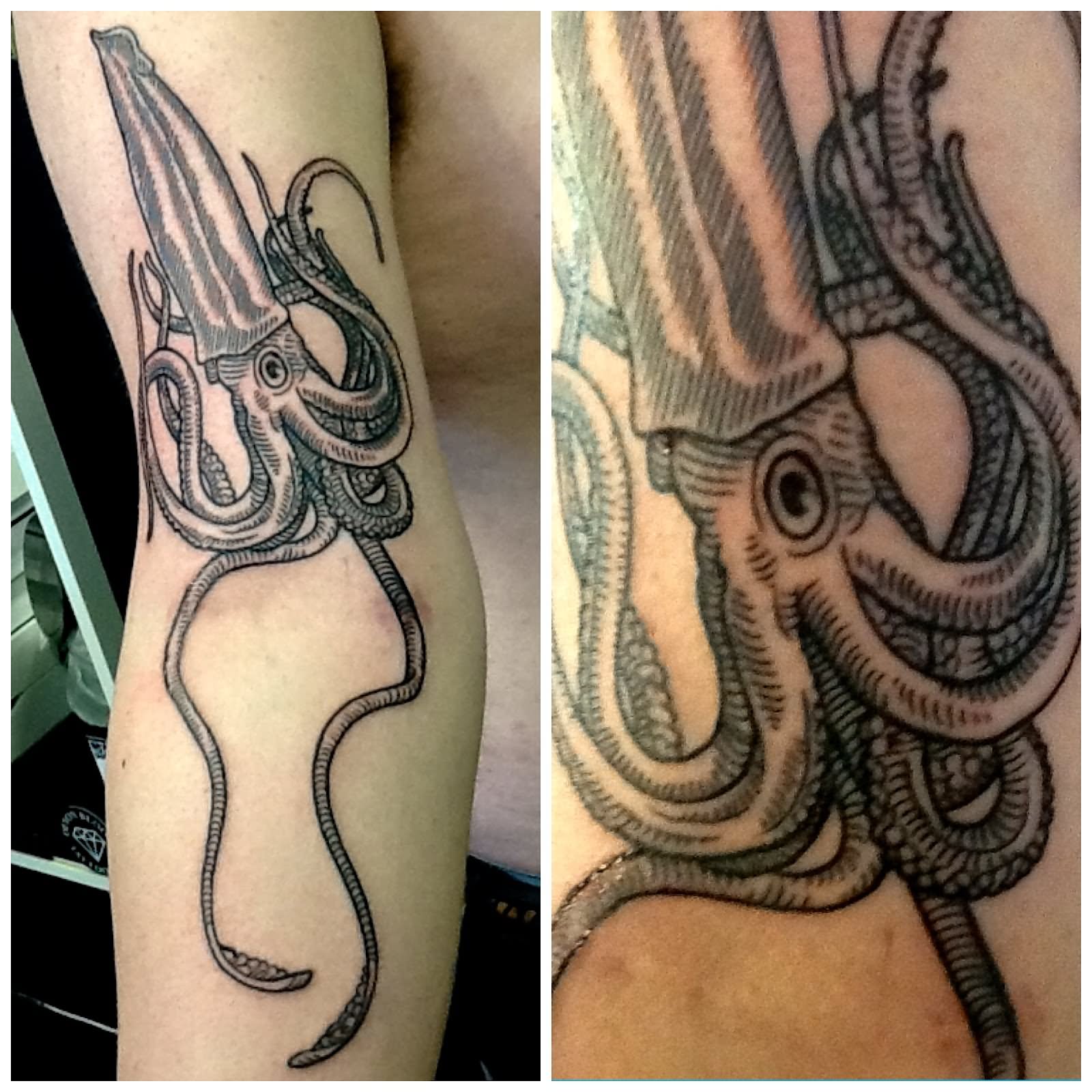 Grey Ink Squid Tattoo On Arm