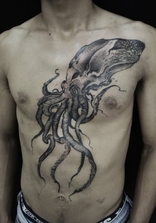 Grey Ink Squid Tattoo On Chest