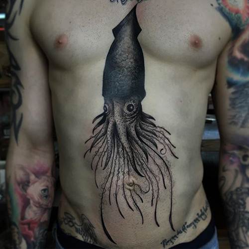 Grey Ink Squid Tattoo On Full Body