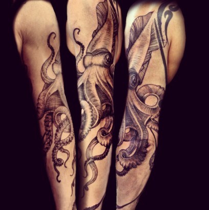 Grey Ink Squid Tattoo On Left Arm Sleeve