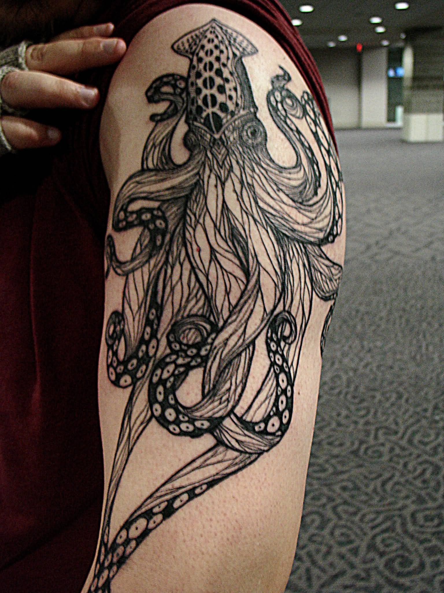Grey Ink Squid Tattoo On Left Half Sleeve