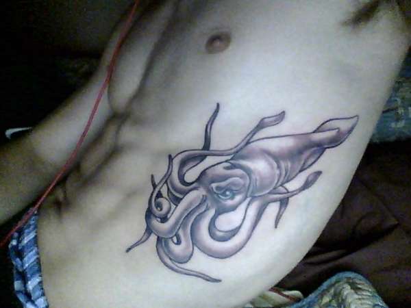 Grey Ink Squid Tattoo On Man Side Rib