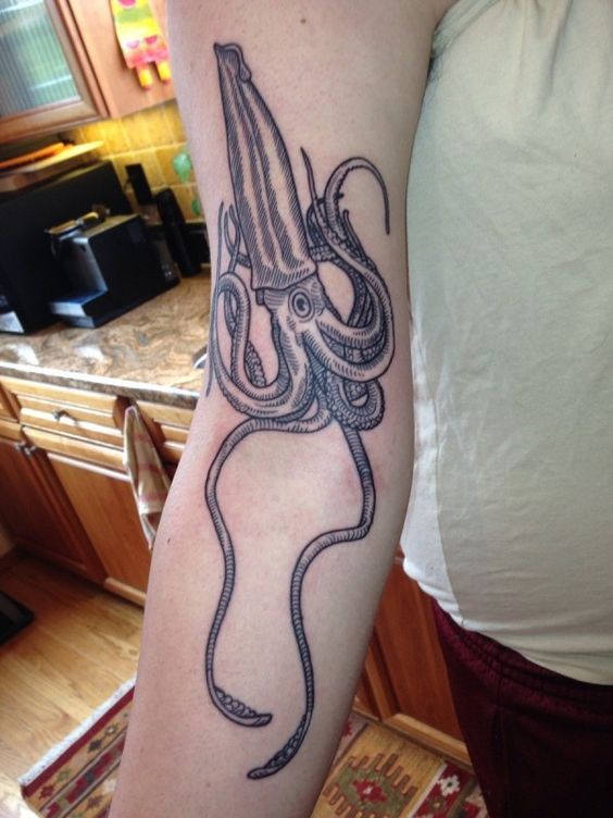 Grey Ink Squid Tattoo On Right Sleeve