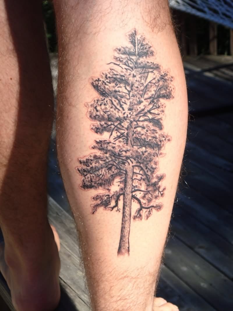 Grey Ink Tree Tattoo On Right Leg Calf