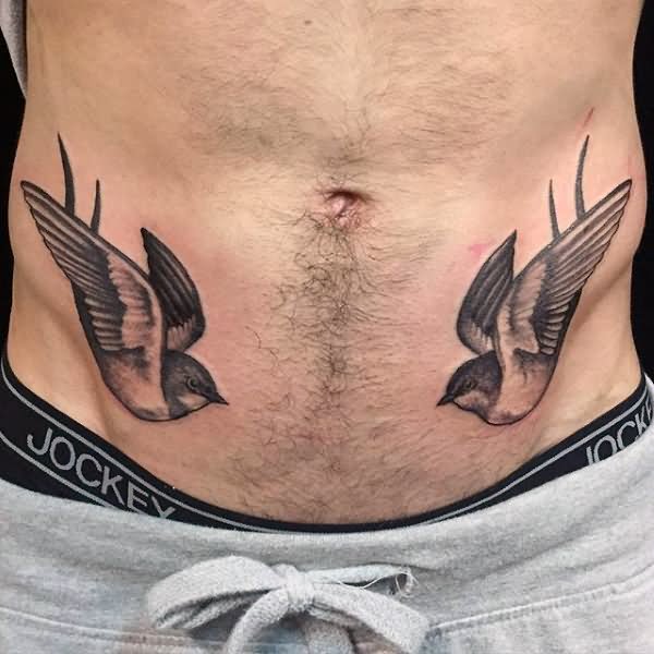 Grey Ink Two Sparrow Tattoos On Both Hip For Men