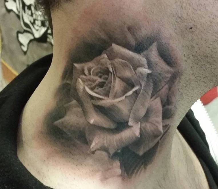 Grey Realistic Rose Tattoo On Side Neck
