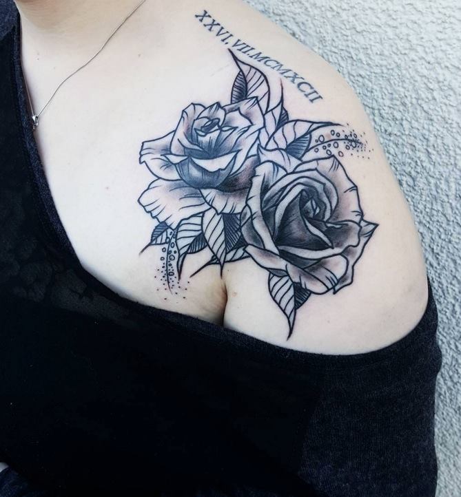 Grey Rose Flowers Tattoos On Girl Left Shoulder
