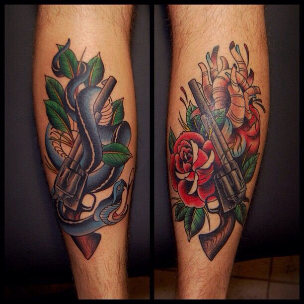 Guns With Rose And Snake Tattoo Design For Leg Calf