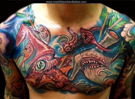 Hammerhead Shark And Squid Tattoo On Chest