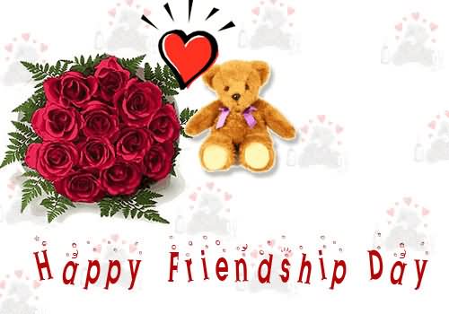 Happy Friendship Day Teddy Bear And Rose Flowers Bouquet Greeting Card