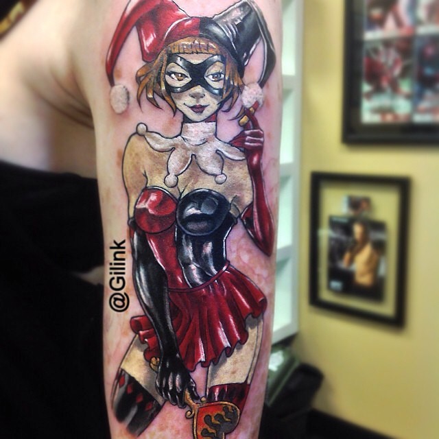 Harley Quinn Tattoo On Left Half Sleeve
