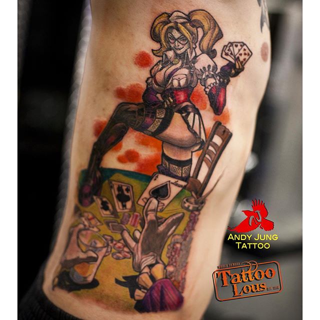 Harley Quinn Tattoo On Man Side Rib