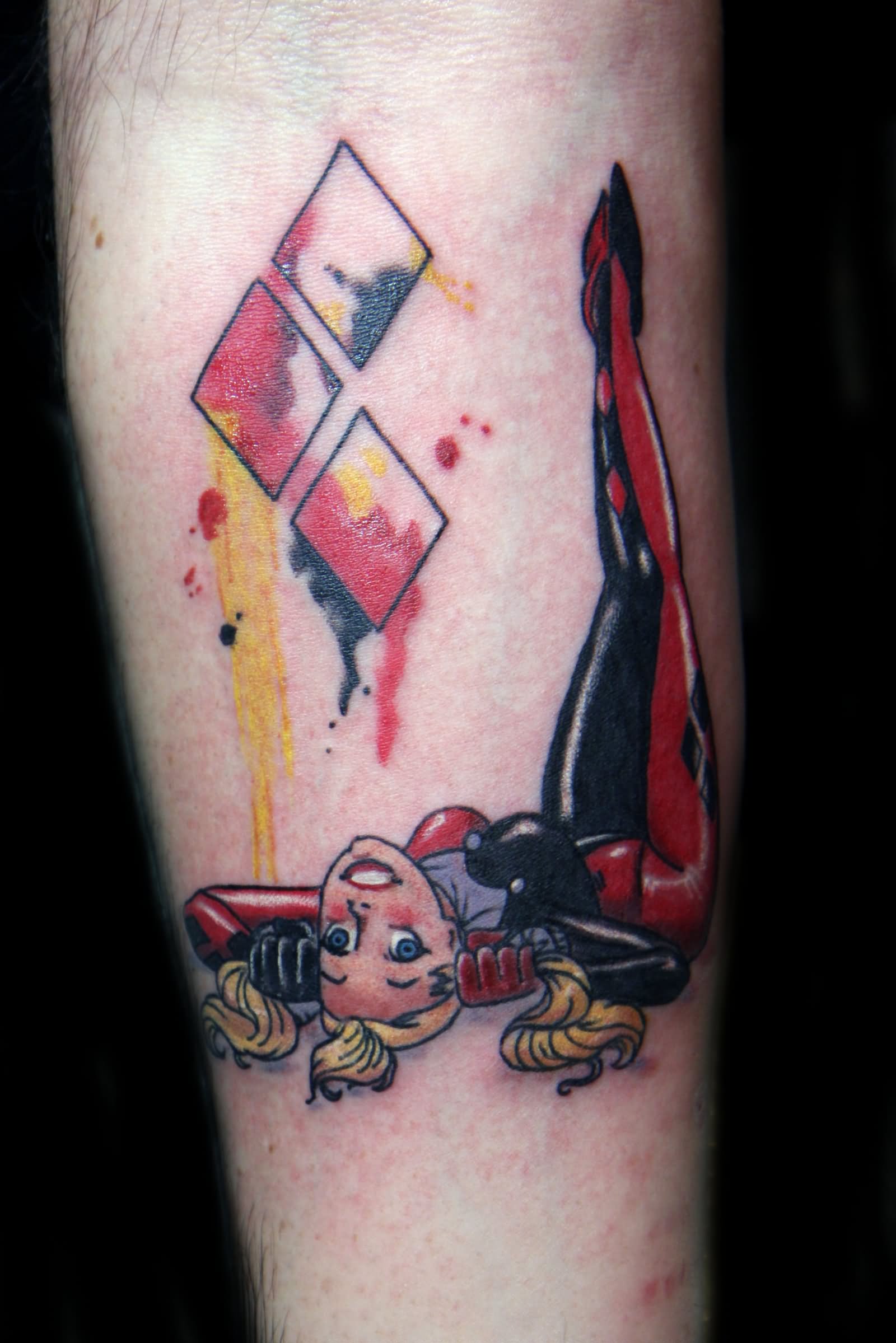 Harley Quinn Watercolor Tattoo On Arm