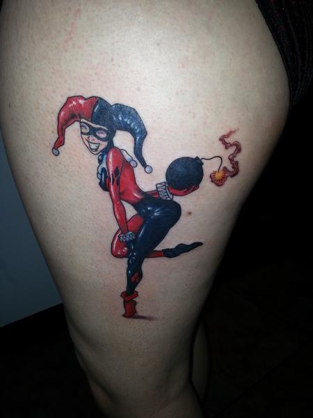 Harley Quinn With Burning Bomb In Hand Tattoo On Side Thigh