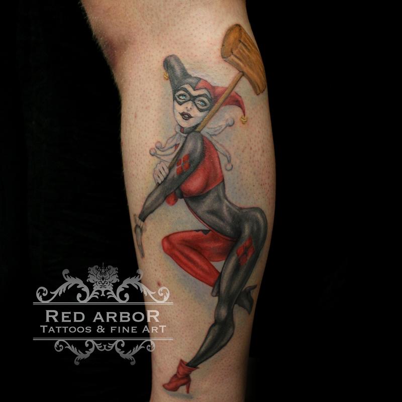 Harley Quinn With Hammer Tattoo On Leg