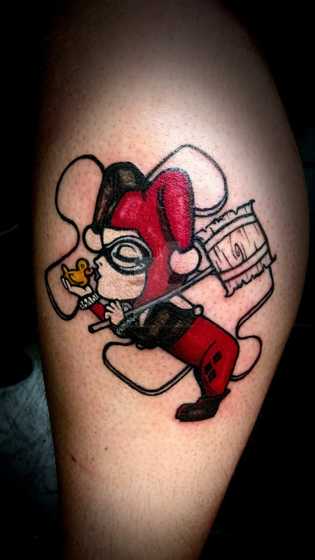 Harley Quinn With Tiny Duck In Hand Tattoo by Ladyknight17