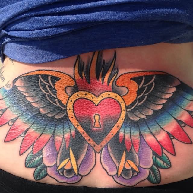 Heart Lock With Wings And Roses Tattoo On Lower Back