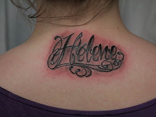 Helene Name Tattoo On Girl Upper Back