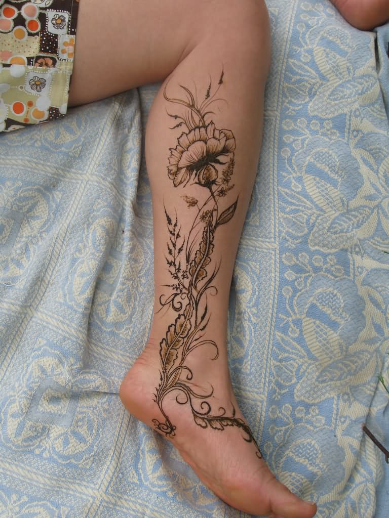 Henna Flower Tattoo Design For Girl Side Leg Calf