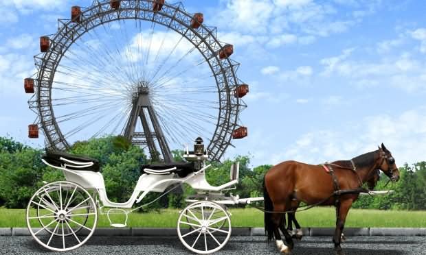 Horse Cart Standing In Front Of the Wiener Riesenrad In Vienna