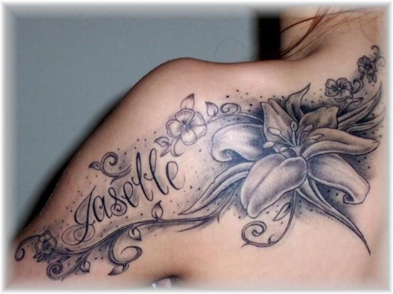 Jaselle Name With Flowers Tattoo On Left Shoulder