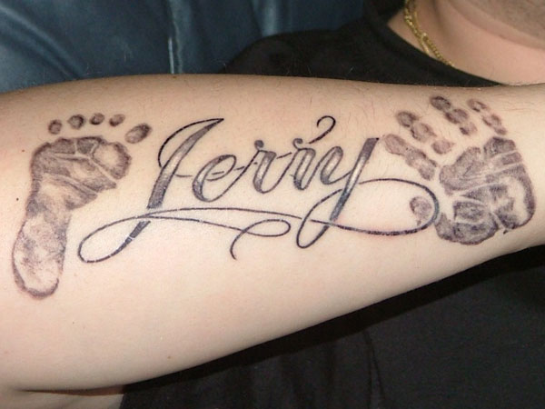 Jerry Name With Hand And Foot Print Tattoo Design For Arm