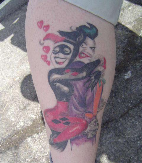 Joker And Harley Quinn Tattoo On Back Leg