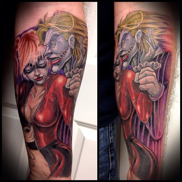 Joker And Harley Quinn Tattoo On Forearm