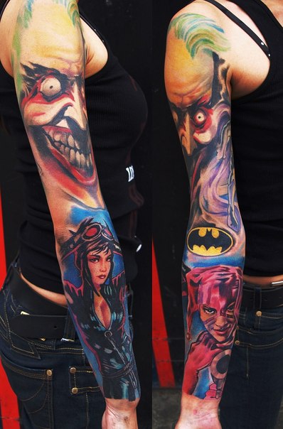 Joker Cat Woman And Harley Quinn Tattoo On Full Sleeve