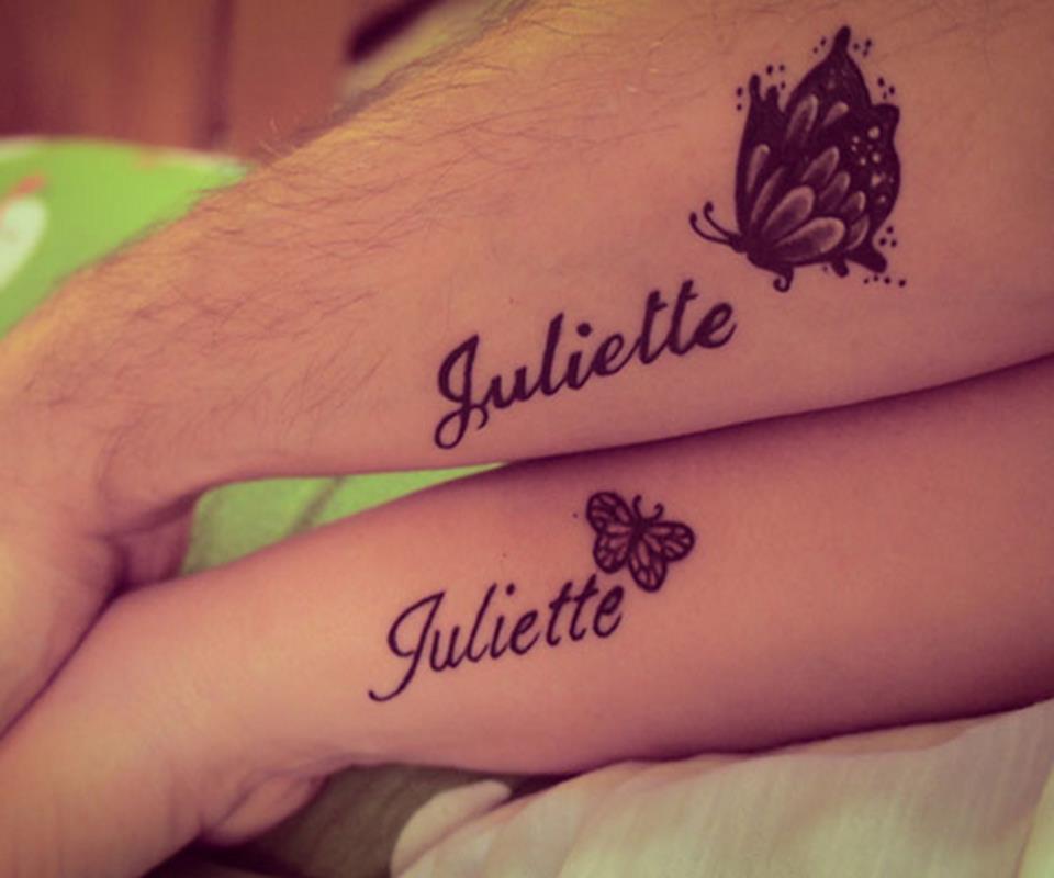 Juliette Name With Butterfly Tattoo On Couple Arm