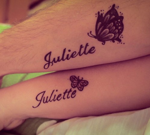 Juliette Name With Butterfly Tattoo On Couple Forearm
