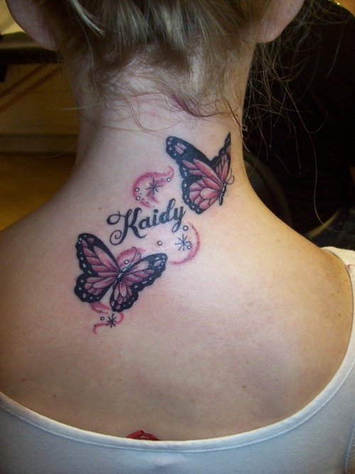 Kaidy - Butterflies Tattoo On Girl Back Neck