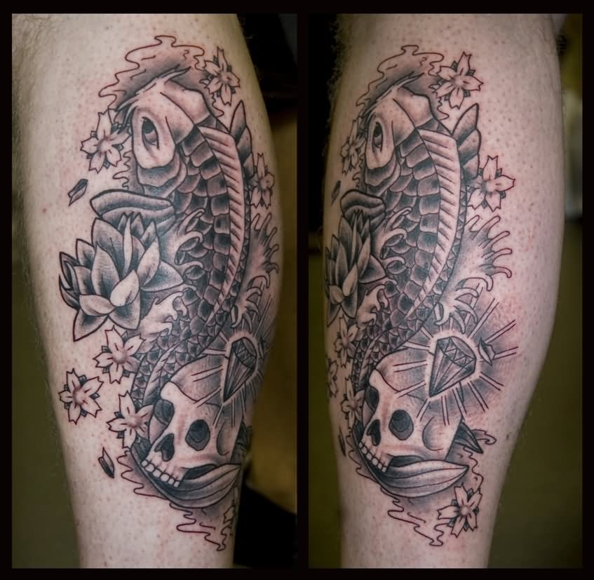 Koi Fish With Skull And Flowers Tattoo Design For Leg Calf