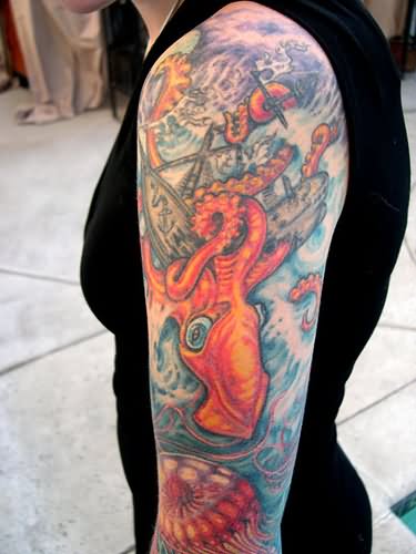 Left Half Sleeve Colorful Squid Tattoo